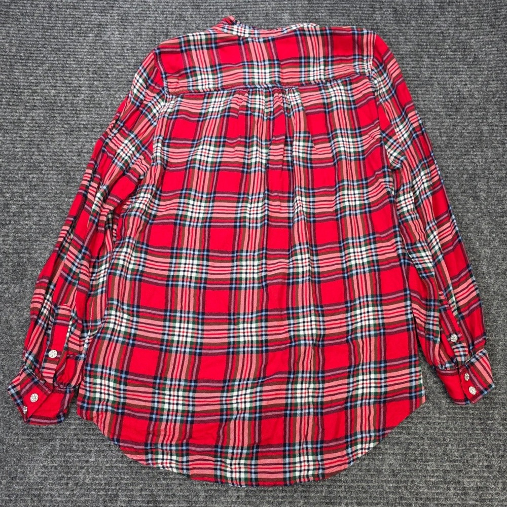Crown & Ivy Plaid Top Women's Size M Red Blue Ruffle Henley‎ Rhinestone Buttons - Picture 2 of 9